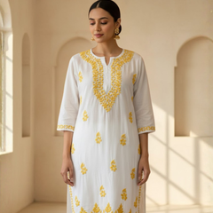 White with Yellow Embroidery Rayon Long Kurta