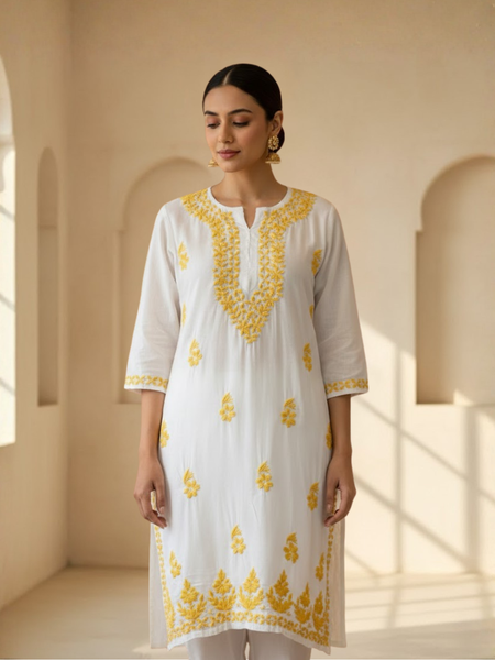 White with Yellow Embroidery Rayon Long Kurta