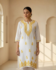 White with Yellow Embroidery Rayon Long Kurta