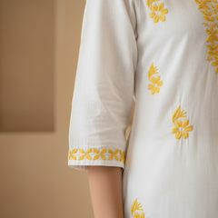 White with Yellow Embroidery Rayon Long Kurta