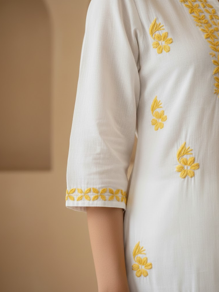 White with Yellow Embroidery Rayon Long Kurta