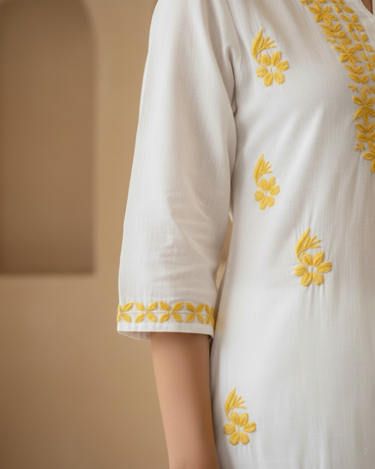White with Yellow Embroidery Rayon Long Kurta