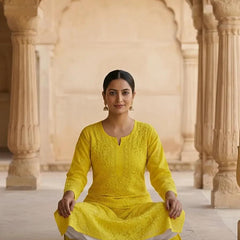 Resham Chikan Readymade Viscose Georgette Kurta Yellow