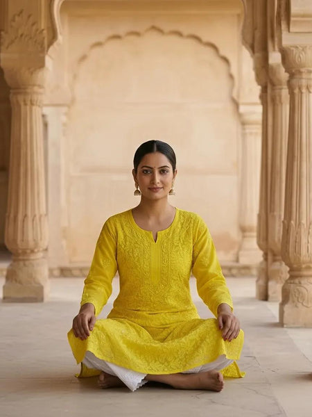 Resham Chikan Readymade Viscose Georgette Kurta Yellow