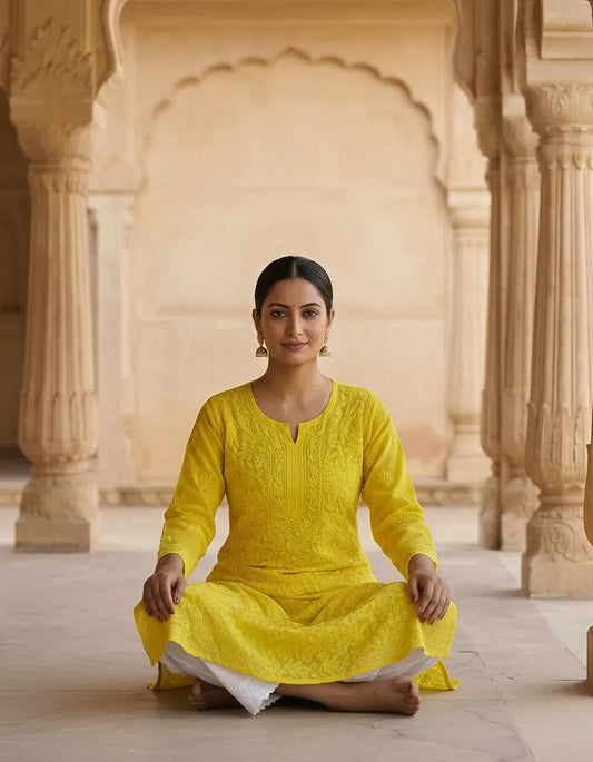 Resham Chikan Readymade Viscose Georgette Kurta Yellow