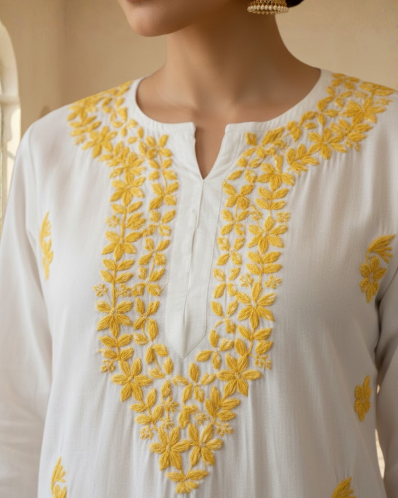 White with Yellow Embroidery Rayon Long Kurta