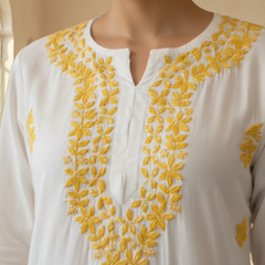White with Yellow Embroidery Rayon Long Kurta