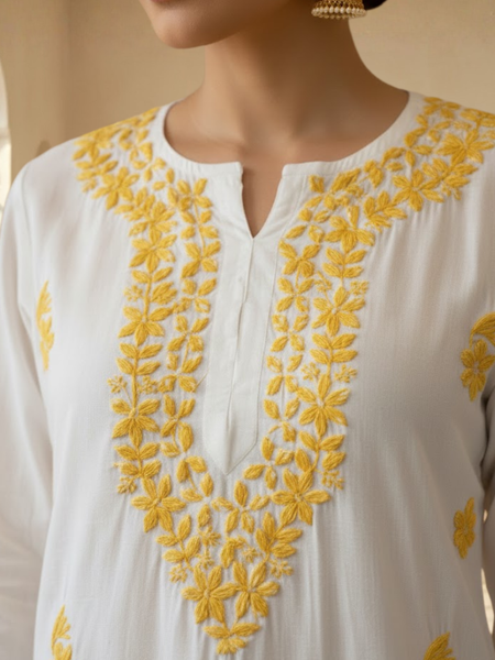 White with Yellow Embroidery Rayon Long Kurta