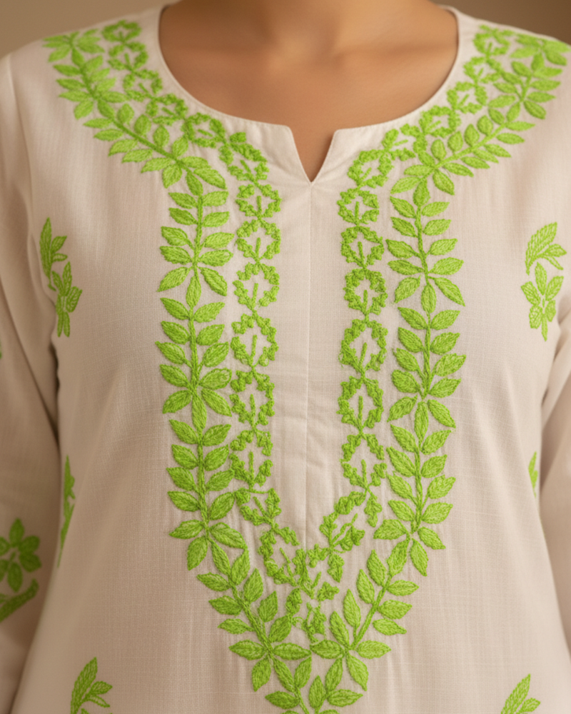 White and Light Green Embroidery Rayon Kurta