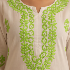 White and Light Green Embroidery Rayon Kurta
