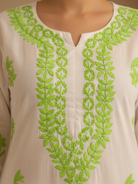 White and Light Green Embroidery Rayon Kurta