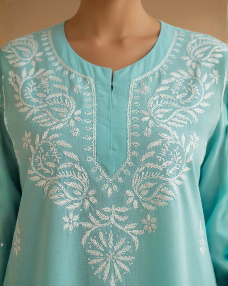 Sky Blue Readymade Cotton Short Kurti