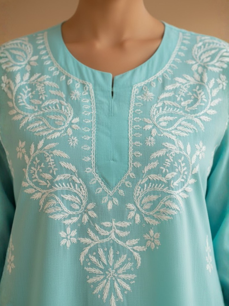 Sky Blue Readymade Cotton Short Kurti