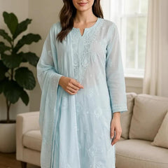 Blue Pure Cotton Unstitched Chikankari Suit Set