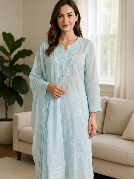 Blue Pure Cotton Unstitched Chikankari Suit Set