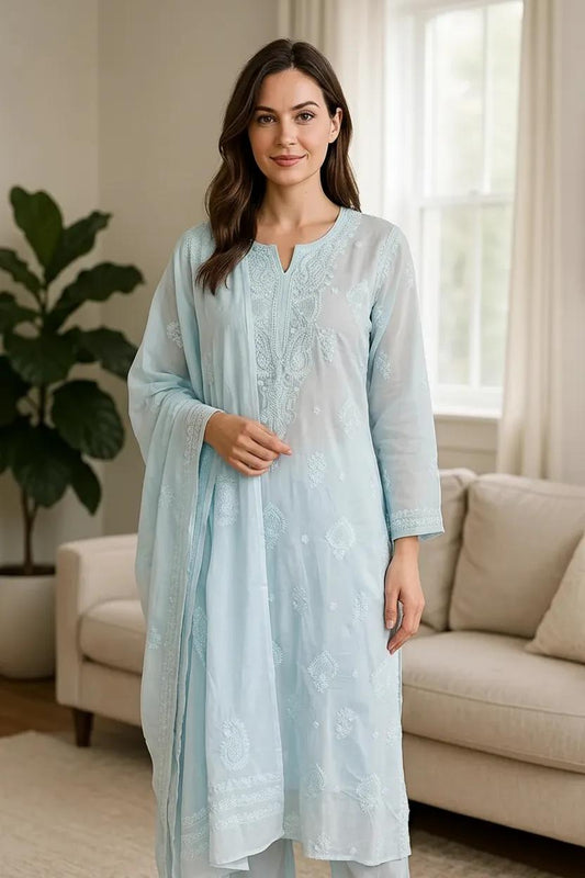 Blue Pure Cotton Unstitched Chikankari Suit Set
