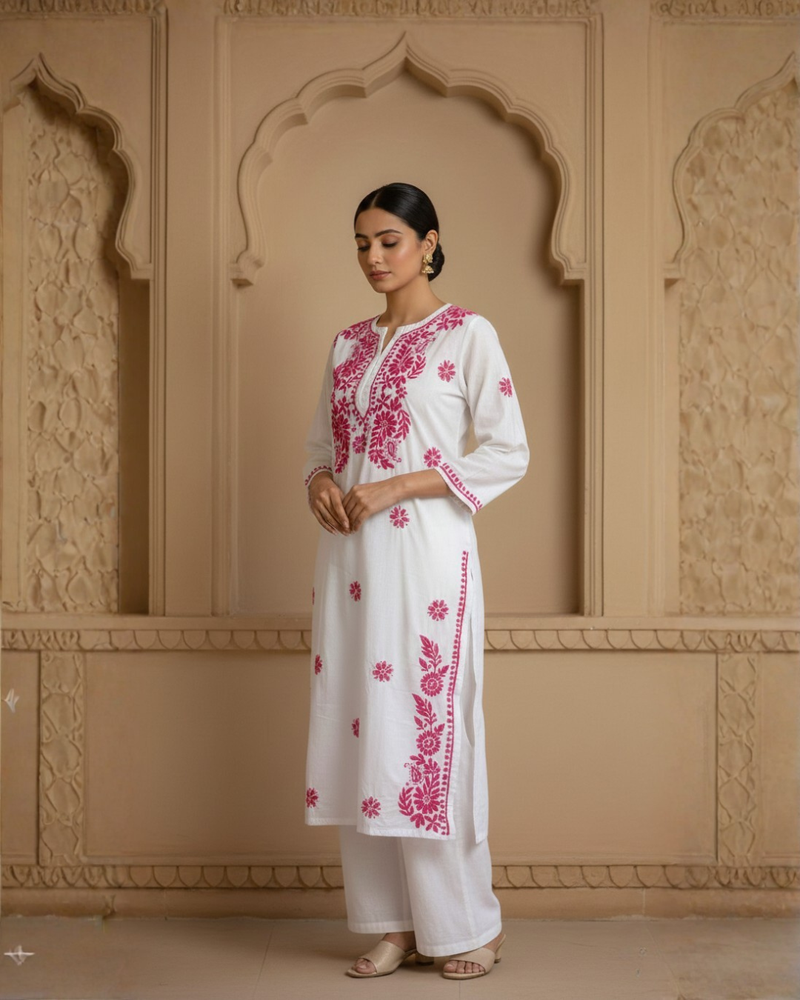 Pink Readymade Chikankari Motif White Cotton Long Kurti