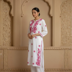 Pink Readymade Chikankari Motif White Cotton Long Kurti