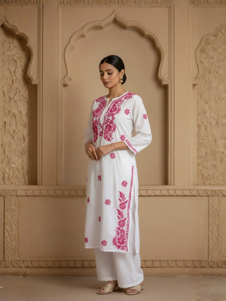 Pink Readymade Chikankari Motif White Cotton Long Kurti