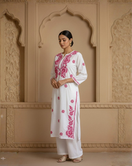 Pink Readymade Chikankari Motif White Cotton Long Kurti