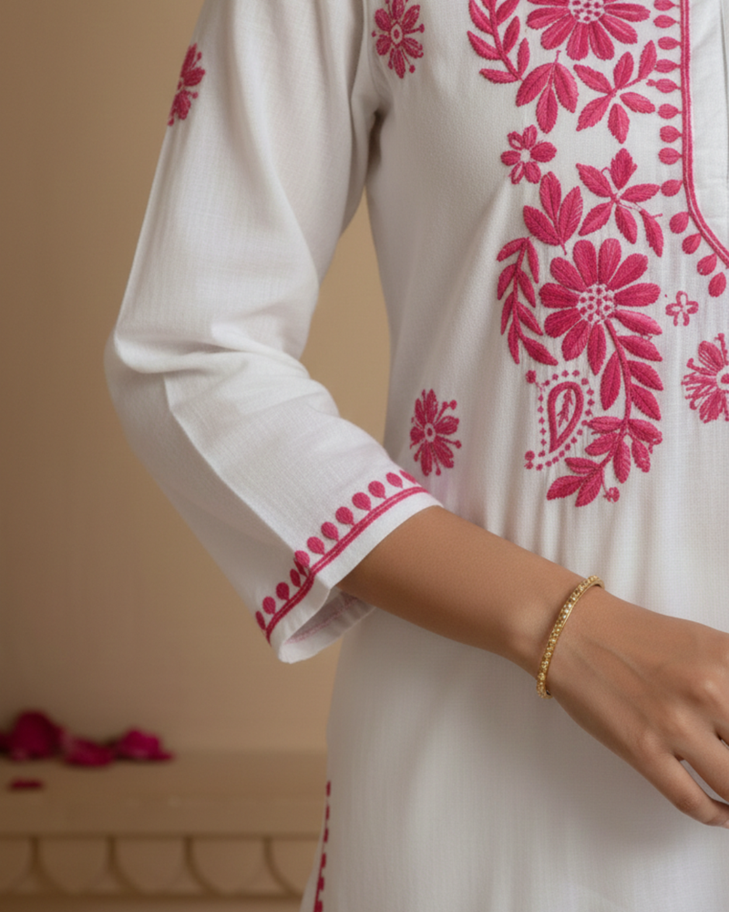 Pink Readymade Chikankari Motif White Cotton Long Kurti