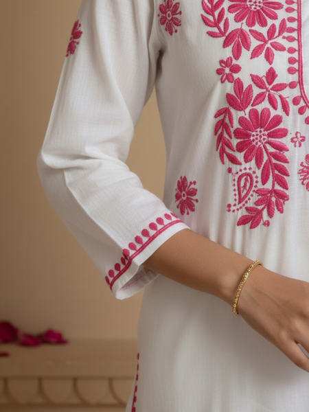 Pink Readymade Chikankari Motif White Cotton Long Kurti