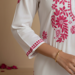 Pink Readymade Chikankari White Cotton Long Kurti