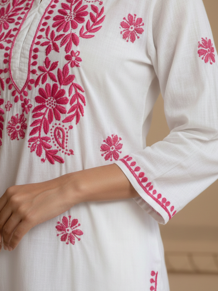 Pink Readymade Chikankari Motif White Cotton Long Kurti