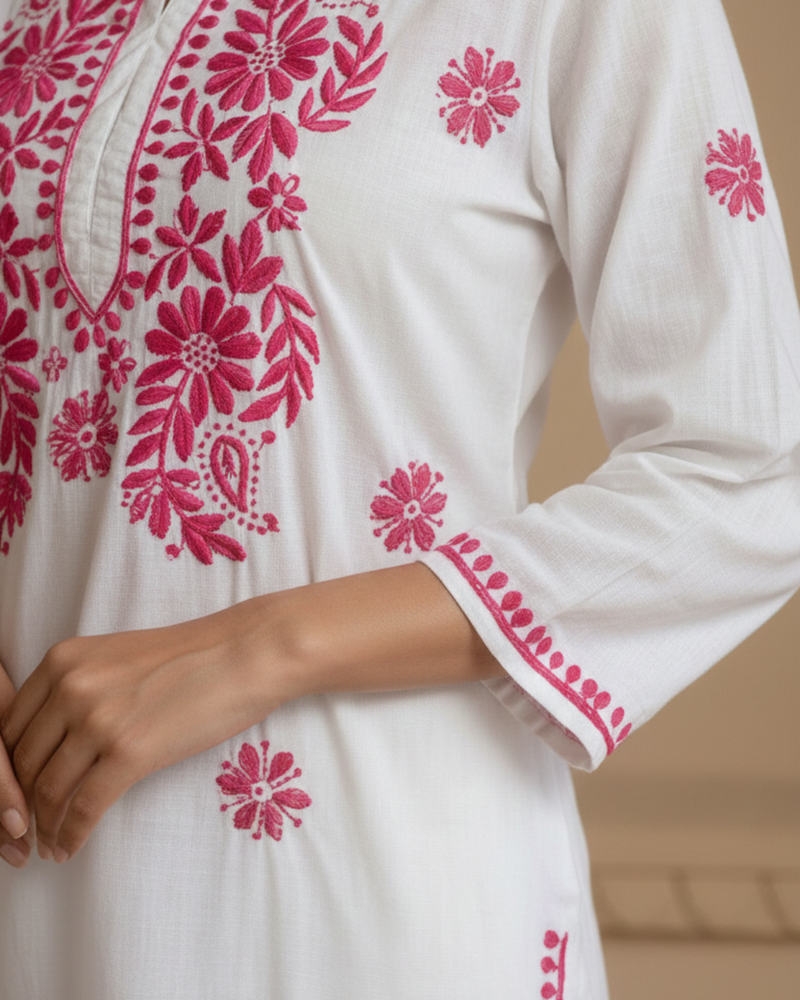 Pink Readymade Chikankari White Cotton Long Kurti