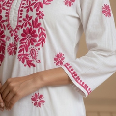 Pink Readymade Chikankari White Cotton Long Kurti