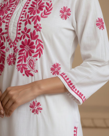Pink Chikankari White Cotton Long Kurti