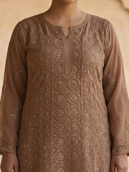 Resham Readymade Viscose Georgette Kurta In Tan Color