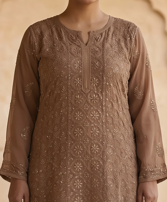 Resham Readymade Viscose Georgette Kurta In Tan Color