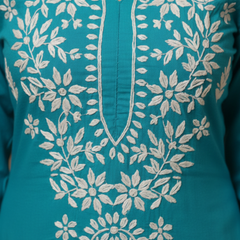 Turquoise Blue Rayon Kurti With White Embroidery #38618504443