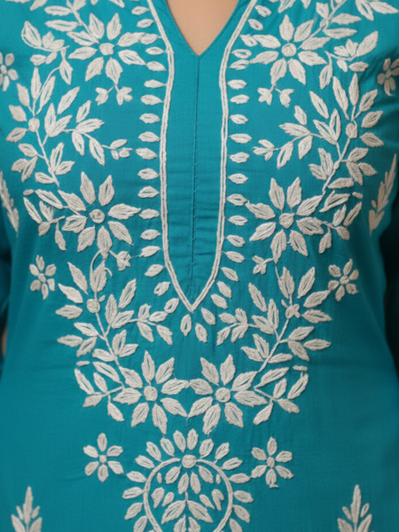 Turquoise Blue Rayon Kurti With White Embroidery #38618504443