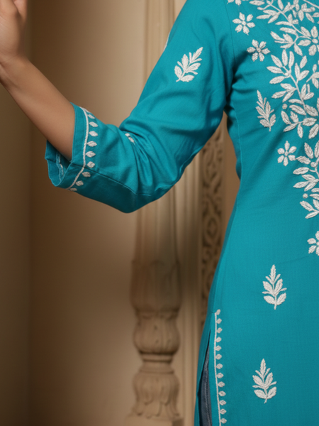 Turquoise Blue Rayon Kurti With White Embroidery #38618504443