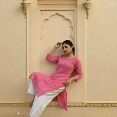 Resham Readymade Viscose Georgette Kurta In Rose Pink Color