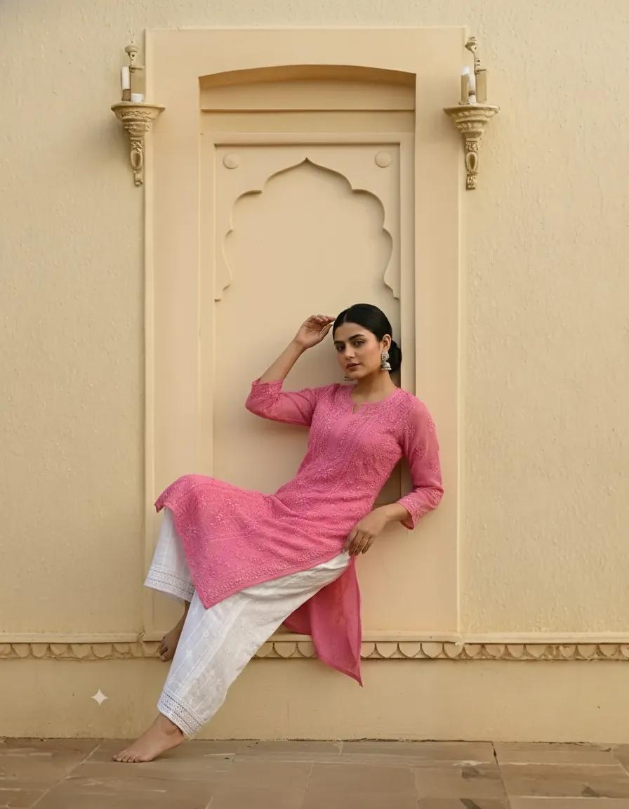 Resham Readymade Viscose Georgette Kurta In Rose Pink Color