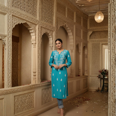 Turquoise Blue Rayon Kurti With White Embroidery #38618504443