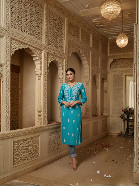 Turquoise Blue Rayon Kurti With White Embroidery #38618504443