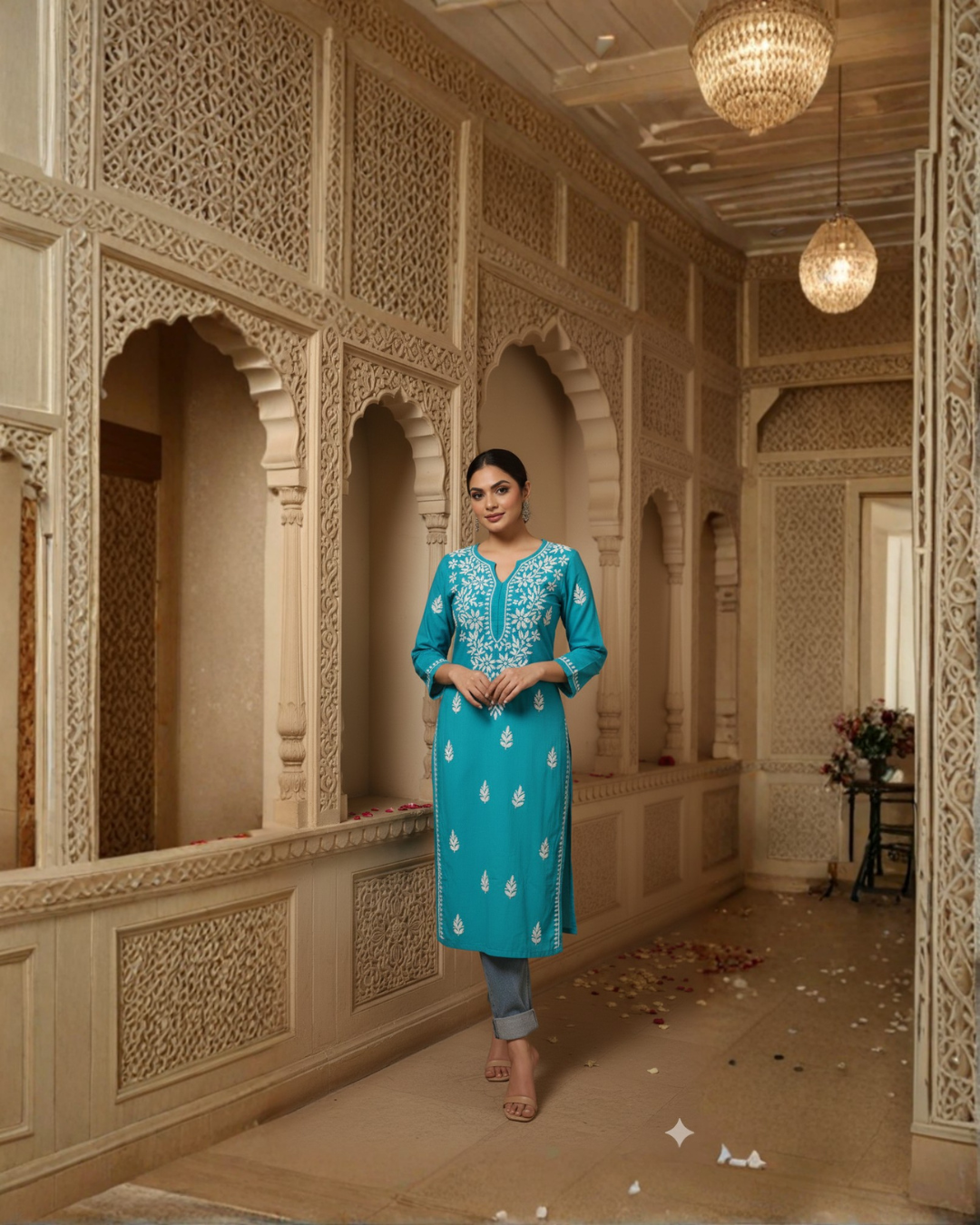 Turquoise Blue Rayon Kurti With White Embroidery.