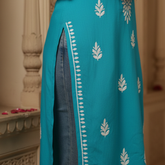 Turquoise Blue Rayon Kurti With White Embroidery #38618504443