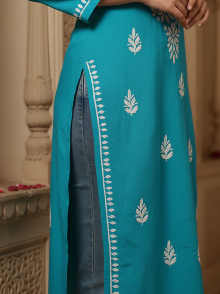 Turquoise Blue Rayon Kurti With White Embroidery #38618504443
