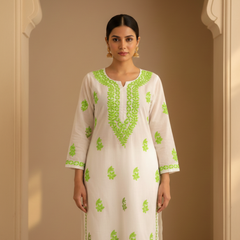 White and Light Green Embroidery Rayon Kurta