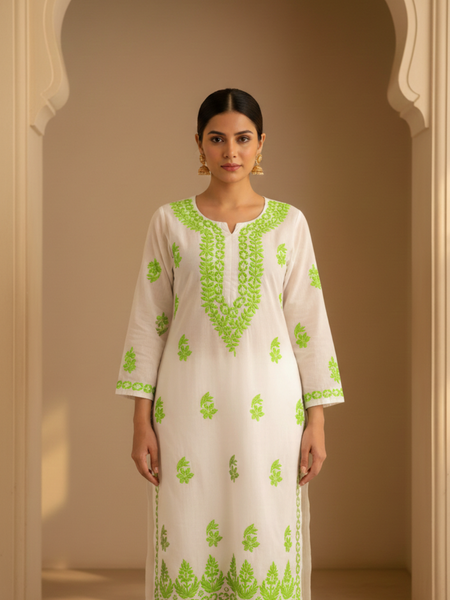 White and Light Green Embroidery Rayon Kurta