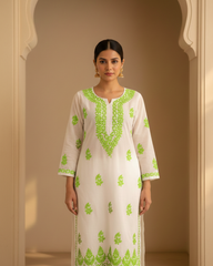 White and Light Green Embroidery Rayon Kurta