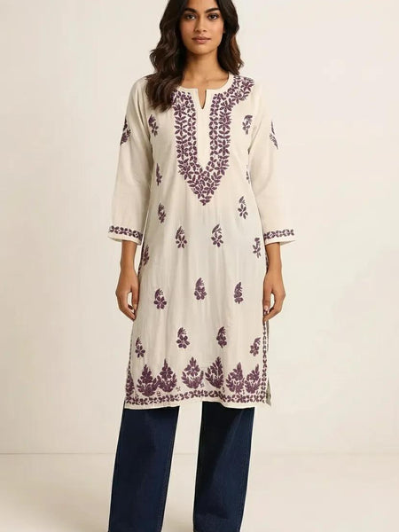 Purple Embroidery Chikankari Rayon Long Kurti