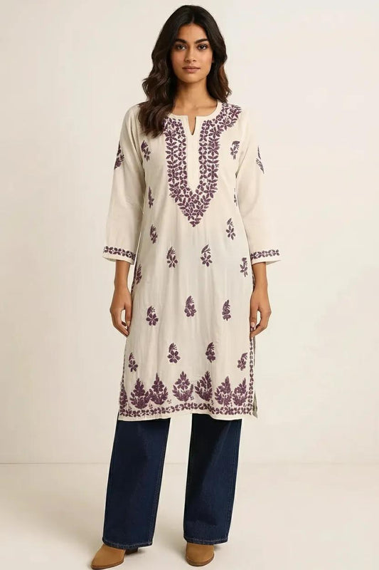 Purple Embroidery Chikankari Rayon Long Kurti