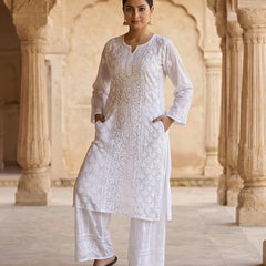 Resham Chikan Readymade Viscose Georgette Kurta White