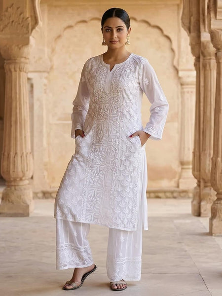 Resham Chikan Readymade Viscose Georgette Kurta White